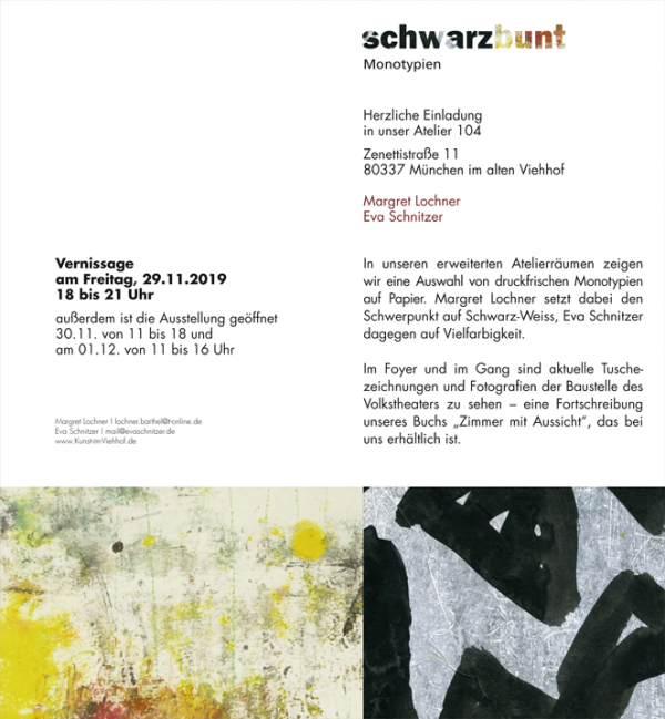 Einladung zur Ausstellung schwarzbunt – Monotypien – von Margret Lochner, Eva Schnitzer – Vernissage am Freitag, 29.11., 18 bis 21 Uhr – Außerdem ist die Ausstellung geöffnet am 30.11. von 11 bis 18 Uhr und am 1.12. von 11 bis 16 Uhr